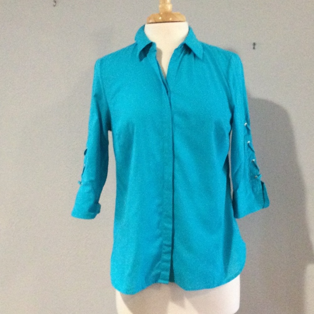 Chicos 100% Cotton Blue Button Front Collared 3/4 Lace Up Sleeve Top Size 0P/S/4